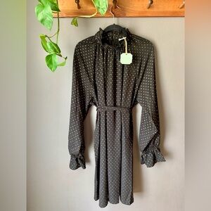 Ryegrass Black And Gold Dot Embellished Midi Blouson Dress Long Sleeve Ruffle 2X